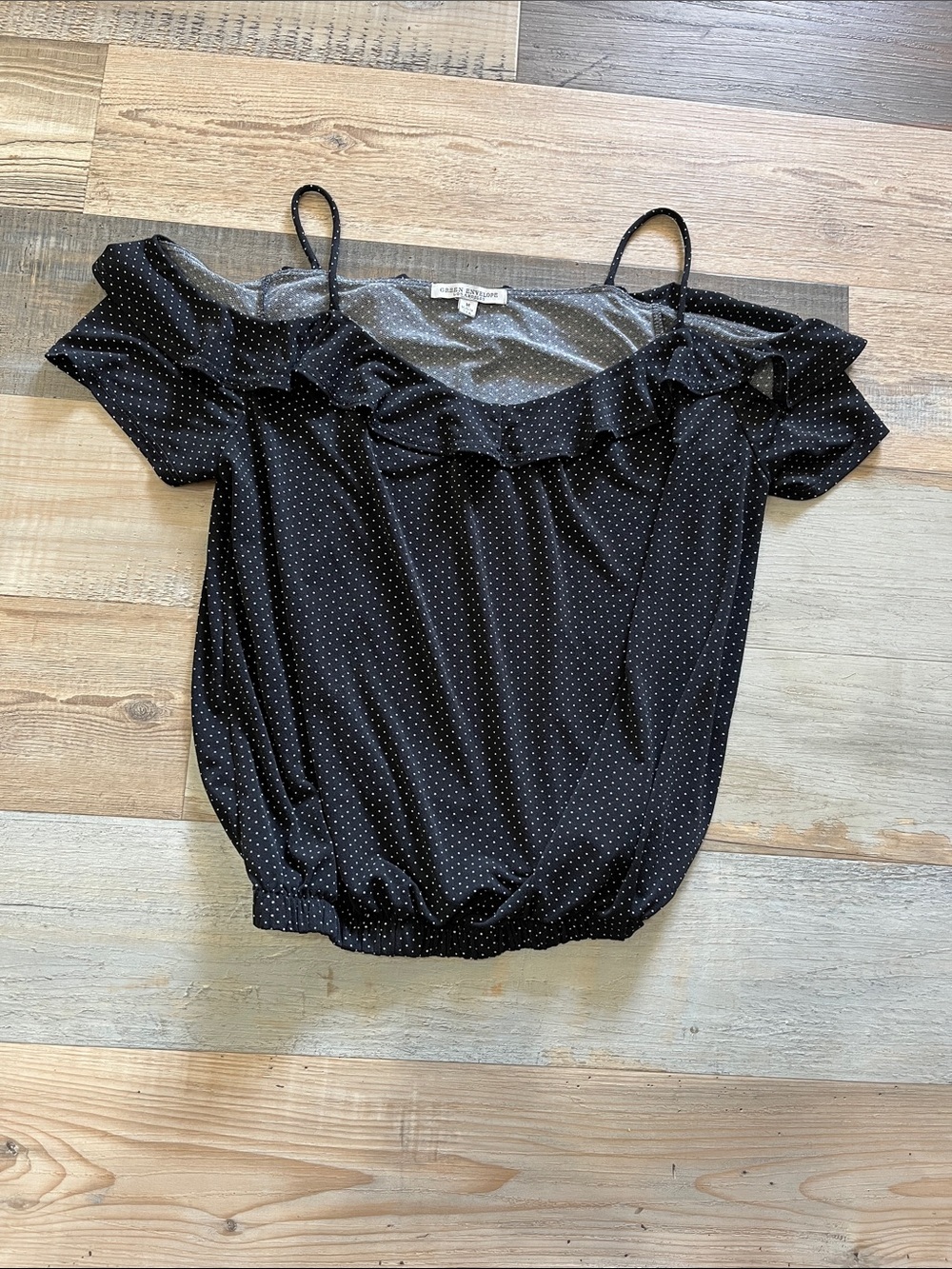 Green Envelope Black Polka Dot Off-Shoulder Ruffle Cami Sz M Boho Summer